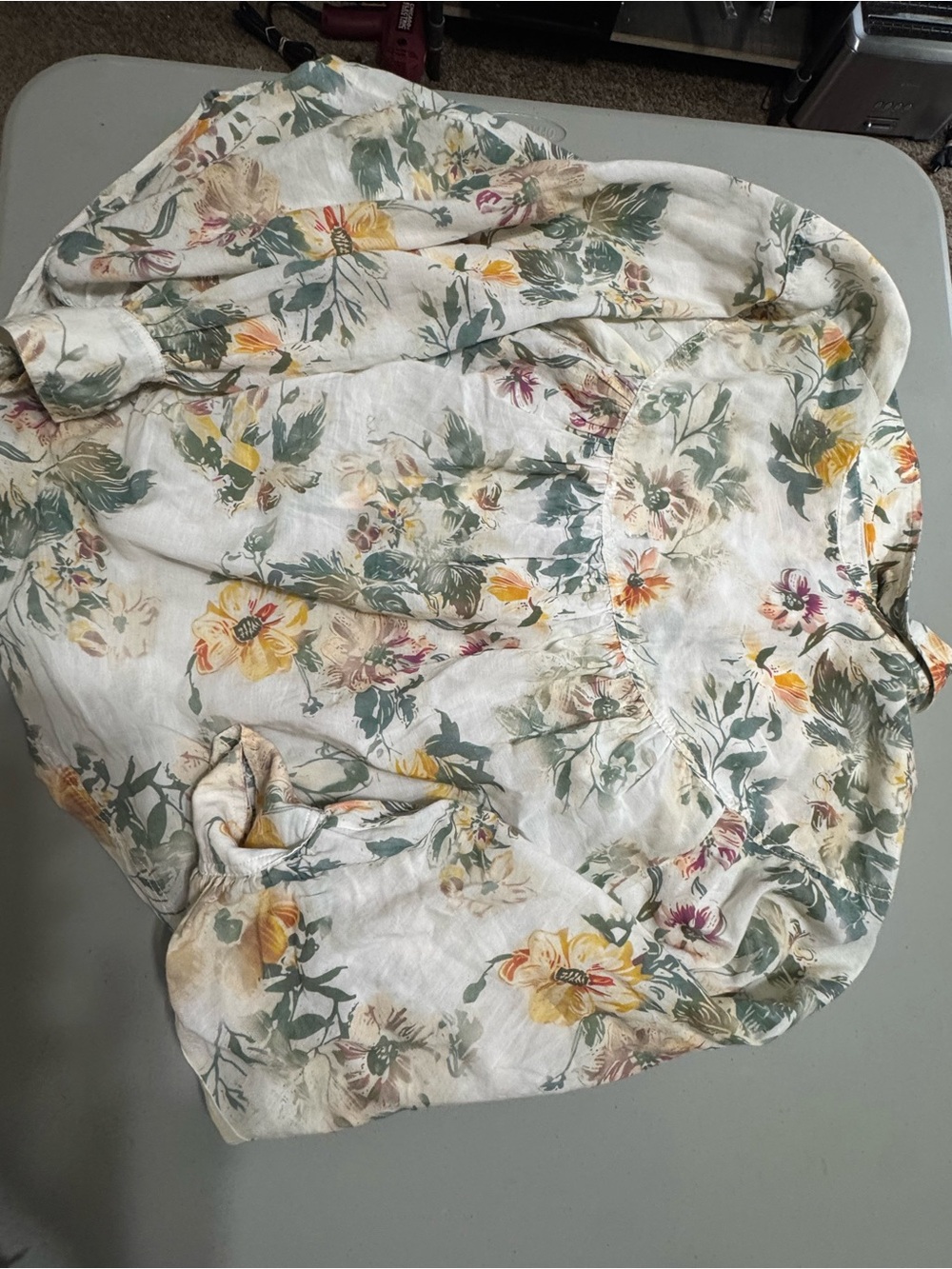 Pilcro Floral Linen-Blend Blouse in Cream, Yellow & Green